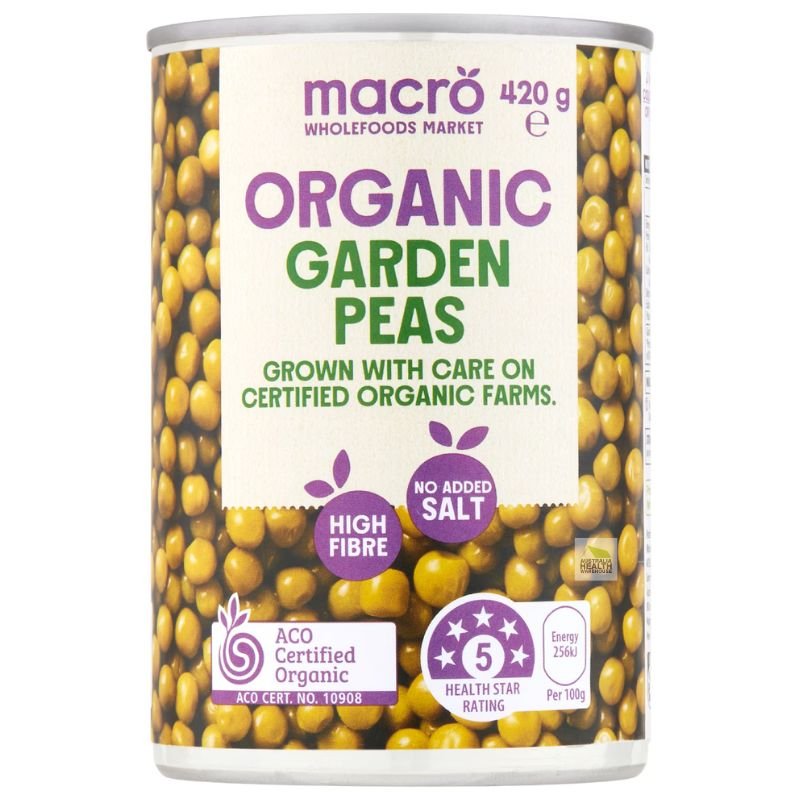 [Expiry: 01/06/2028] Woolworths Macro Organic Garden Peas 420g
