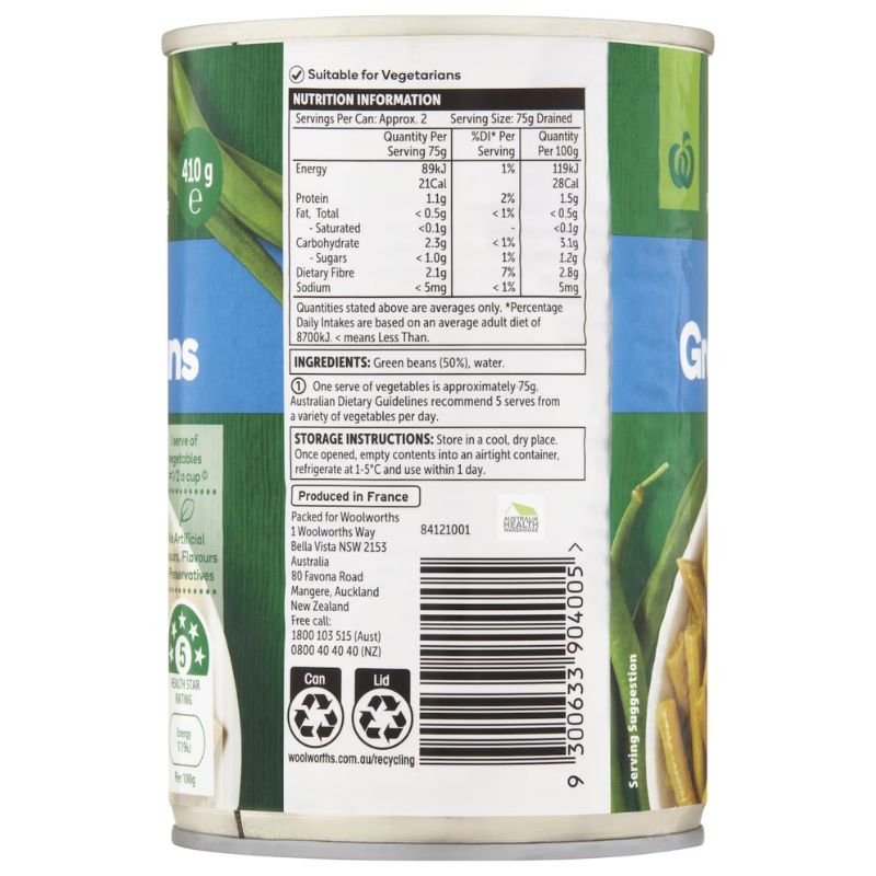 Woolworths Sliced Green Beans 410g