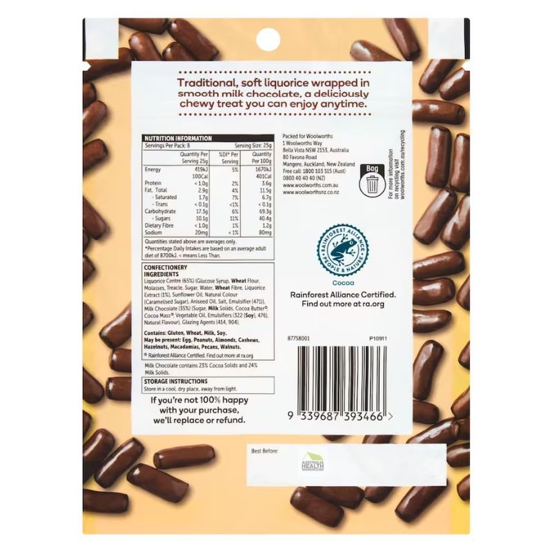 [Expiry Date: 09/02/2027] Woolworths Milk Chocolate Liquorice Bullets 200g