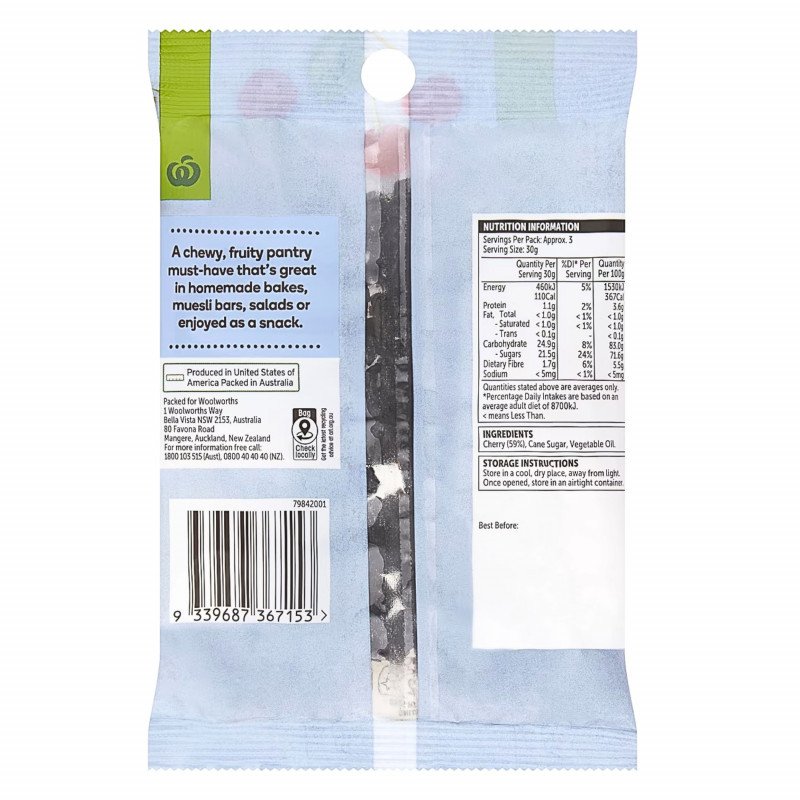 [Expiry Date: 31/10/2026]   Woolworths Sweetened Dried Cherries 100g