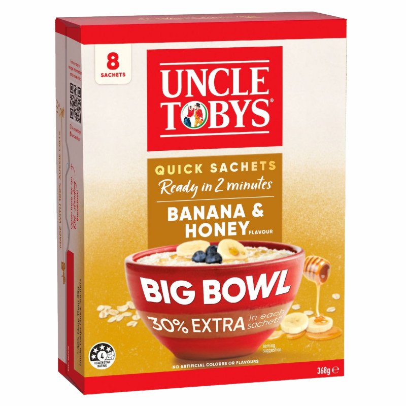 [Expiry Date: 19/03/2027] Uncle Tobys Oats Quick Sachets Banana & Honey Big Bowl Porridge 8 Pack 368g