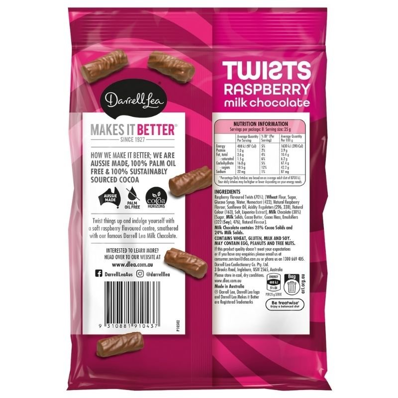 [Expiry Date: 18/05/2027] Darrell Lea Milk Chocolate Liqourice Raspberry Twists 200g