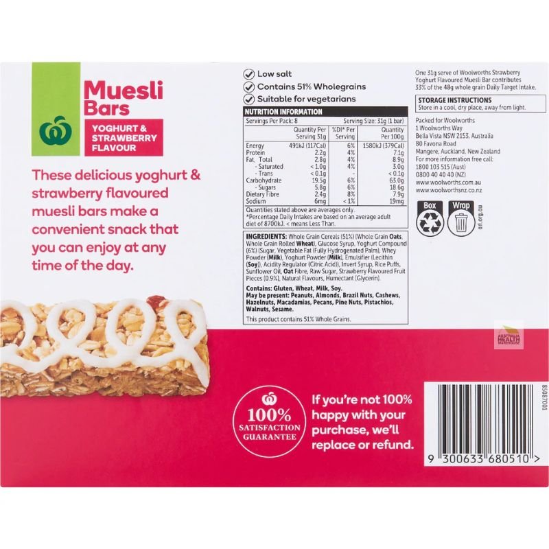[Expiry: 07/08/2026] Woolworths Muesli Bars Yoghurt & Strawberry Flavour 8 Pack 248g