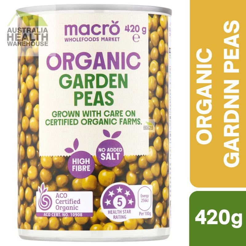 [Expiry: 01/06/2028] Woolworths Macro Organic Garden Peas 420g