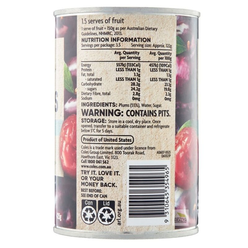 Coles Whole Plums In Syrup 425g