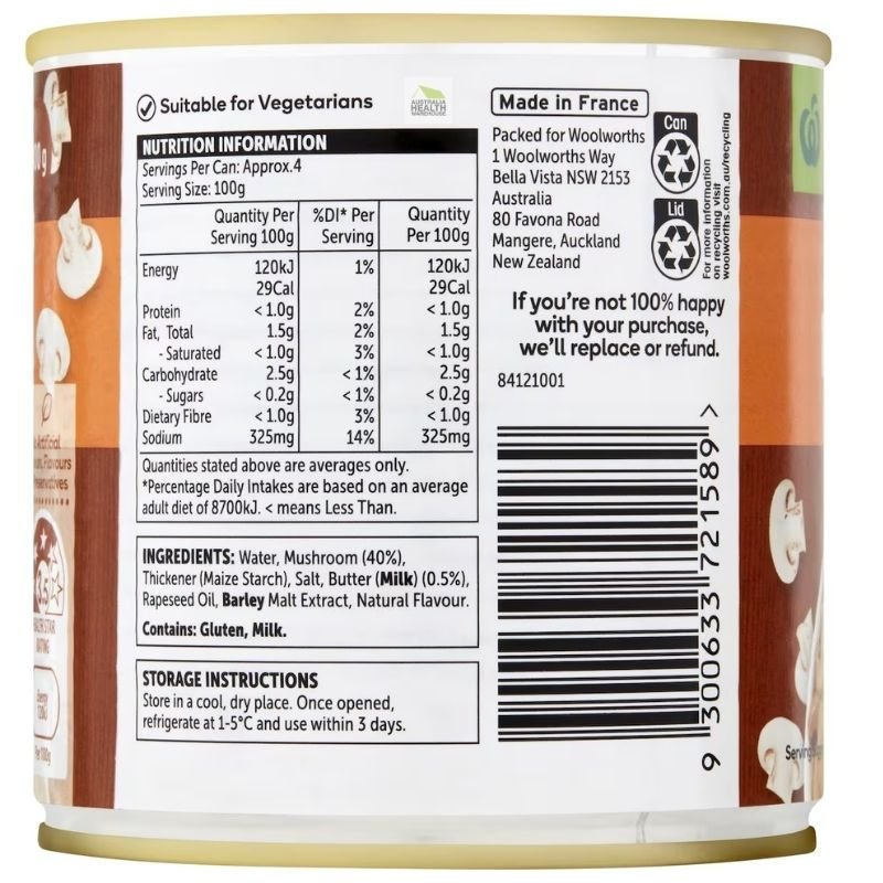 [Expiry: 01/04/2027] Woolworths Mushrooms In Butter Sauce 400g