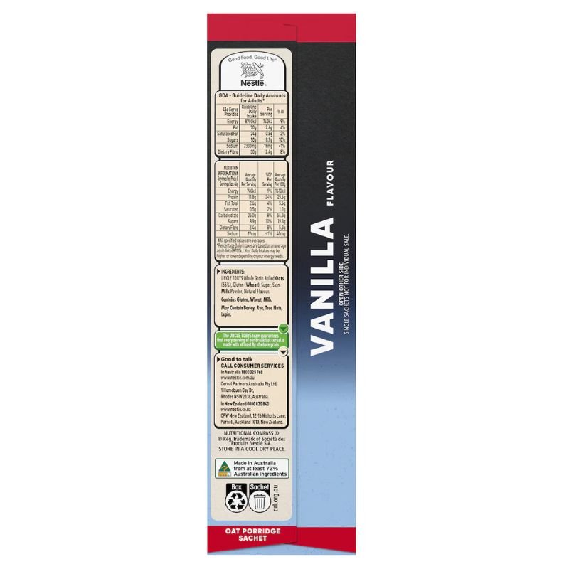 [Expiry Date: 24/02/2027] Uncle Tobys Oats Quick Sachets Protein Vanilla Big Bowl Porridge 8 Pack 368g