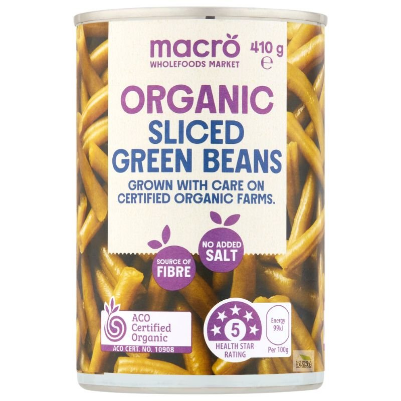 [Expiry: 01/08/2028] Woolworths Macro Organic Sliced Green Beans 410g