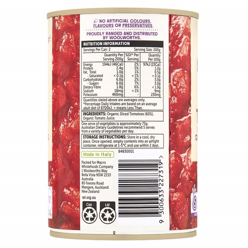 [Expiry: 31/08/2028] Woolworths Macro Organic Tomatoes Diced No Added Salt 400g