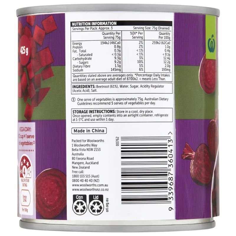 [Expiry Date: 30/04/2027] Woolworths Diced Beetroot 425g