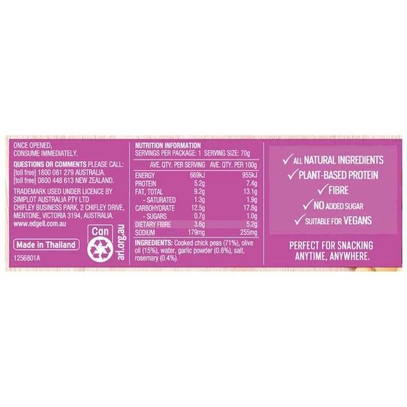 [Expiry Date: 30/06/2028] Edgell Snack Time Chickpea Olive Oil Garlic & Rosemary 70g