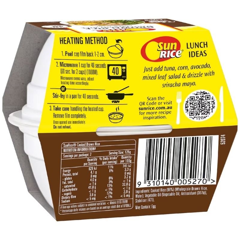 [Expiry Date: 05/03/2027] Sunrice Microwave Brown Rice Wholegrain Rice Cup 125g x 2 Pack