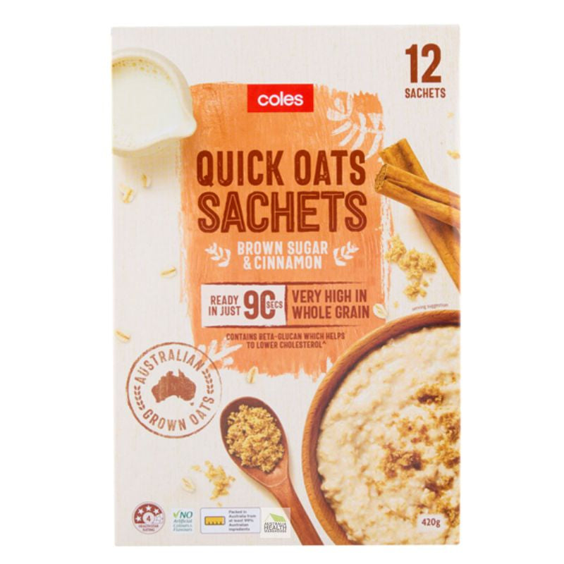 [Expiry Date: 20/08/2026] Coles Quick Oats Brown Sugar & Cinnamon Sachets 12 Pack 420g