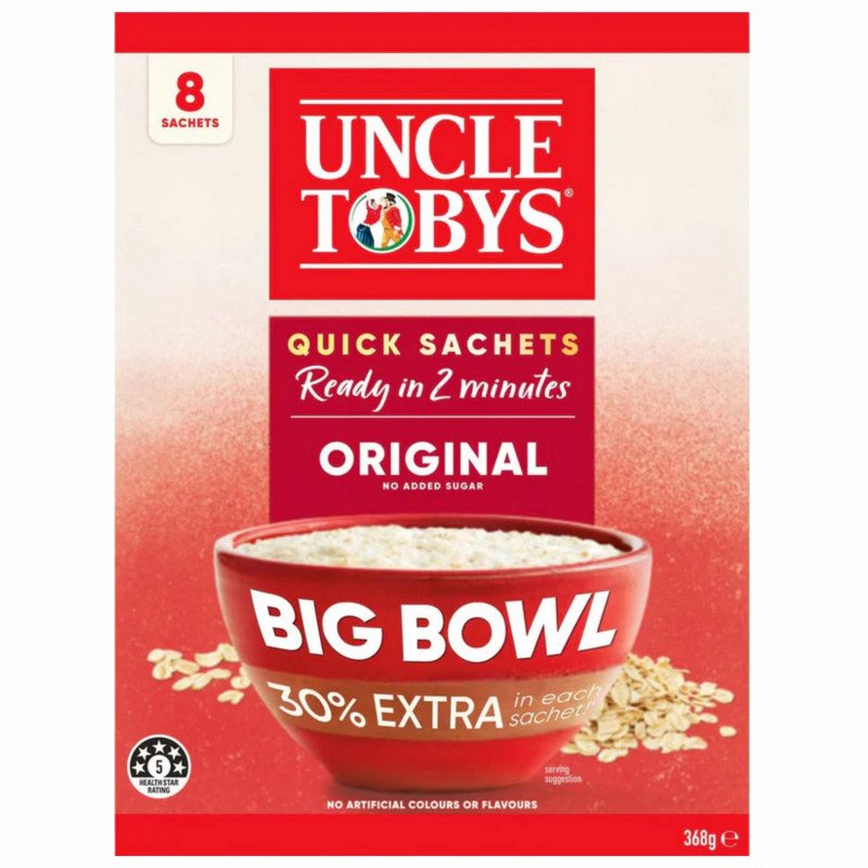 [Expiry Date: 11/08/2027] Uncle Tobys Oats Quick Sachets Original Big Bowl Porridge 8 Pack 368g