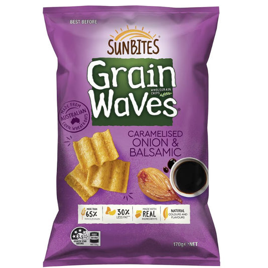 [CLEARANCE Expiry: 15/11/26] Sunbites Grain Waves Caramelised Onion And Balsamic Wholegrain Chips 170G