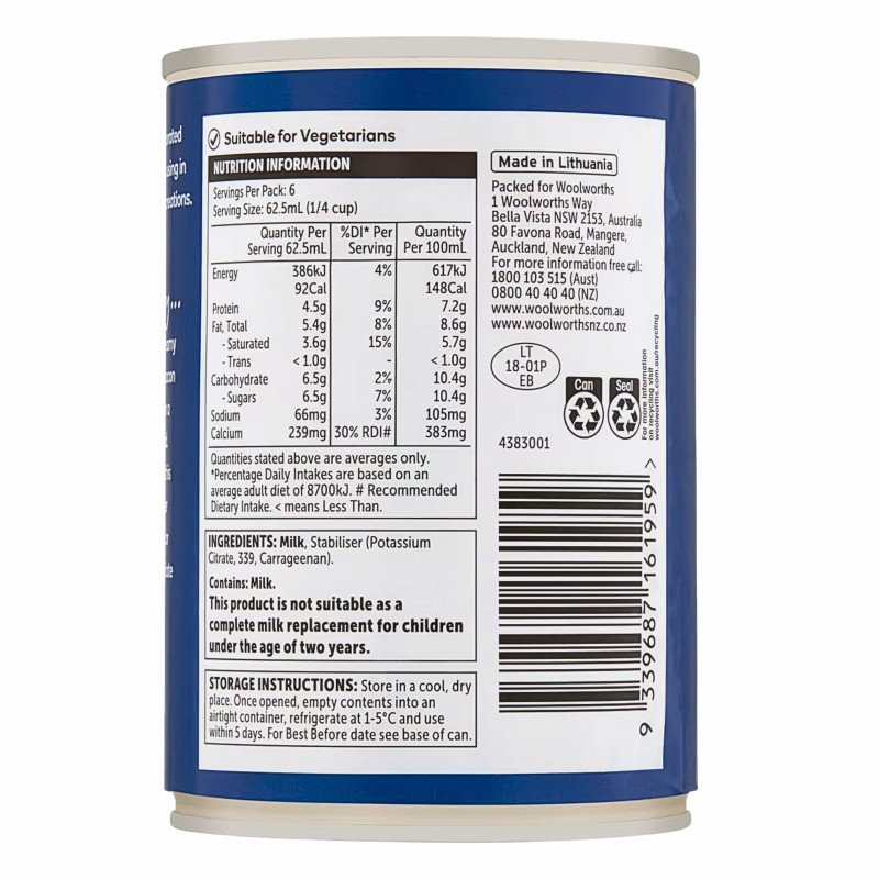 [Expiry Date: 07/10/2026] Woolworths Evaporated Milk 385mL