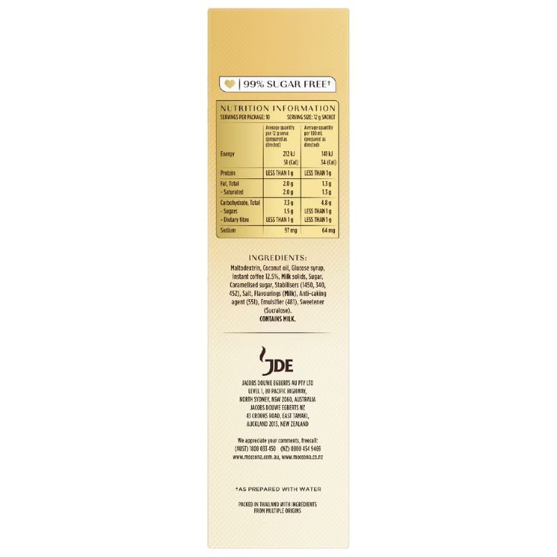 [Expiry Date: 12/07/2027] Moccona 99% Sugar Free Latte Coffee 10 Sachets