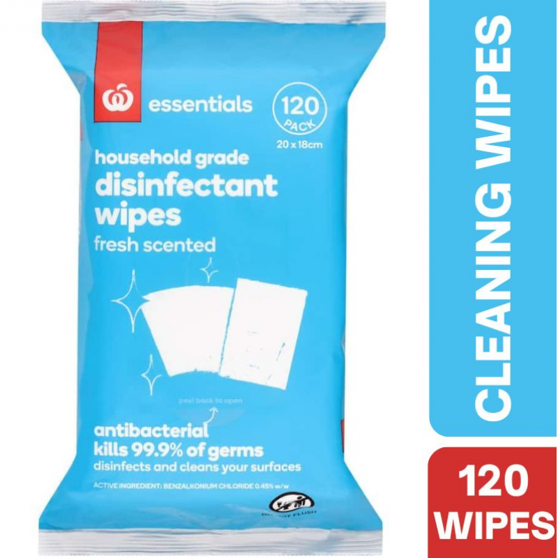 [Expiry Date: 24/07/2027]  Woolworths Essentials Household Grade Disinfectant Wipes 120 Pack
