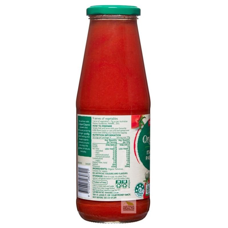 [Expiry: 03/10/2027] Coles Organic Italian Passata Sauce 700g