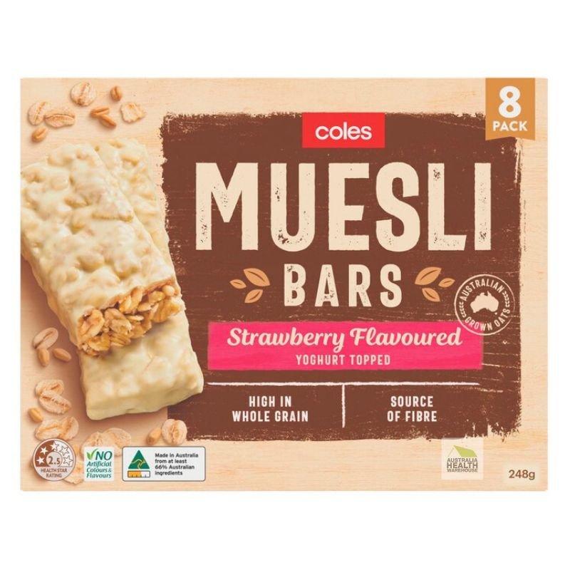 [Expiry: 19/07/2025] Coles Muesli Bars Strawberry Flavoured Yoghurt Topped 8 Pack 248g