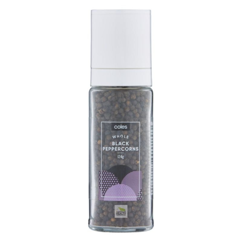 [Expiry Date: 07/11/2027] Coles Whole Black Peppercorns Grinder 124g