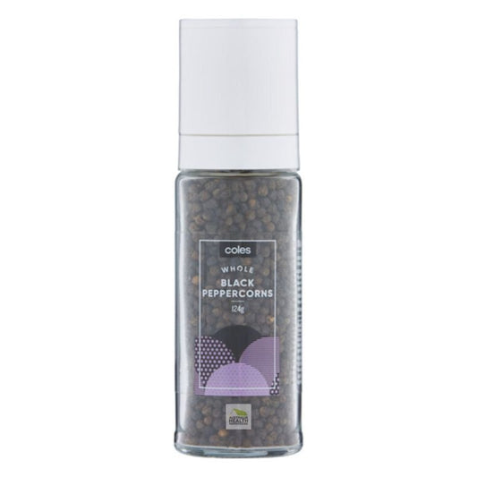 [Expiry Date: 07/11/2027] Coles Whole Black Peppercorns Grinder 124g