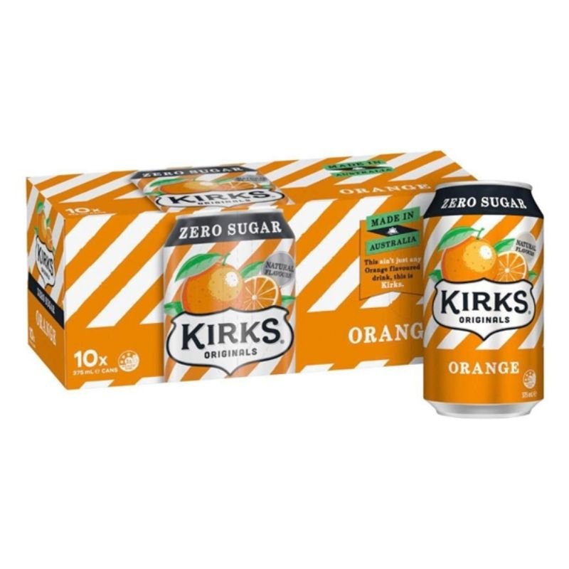 [CLEARANCE Expiry: 08/06/2026] Kirks Zero Sugar Orange Soft Drink Cans - 10 x 375mL