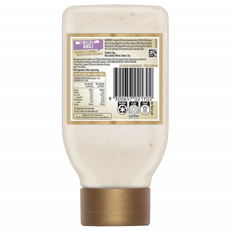[Expiry: 30/03/2027] Heinz Seriously Good Mayonnaise Lite Garlic Aioli 295mL
