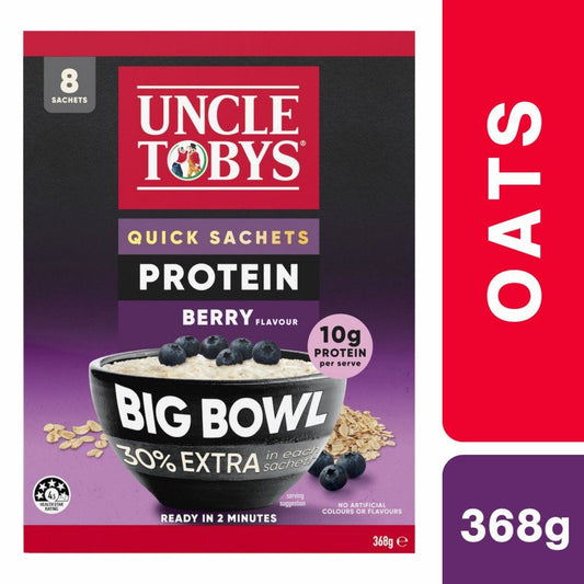 [Expiry Date: 23/02/2027] Uncle Tobys Oats Quick Sachets Protein Berry Big Bowl Porridge 8 Pack 368g