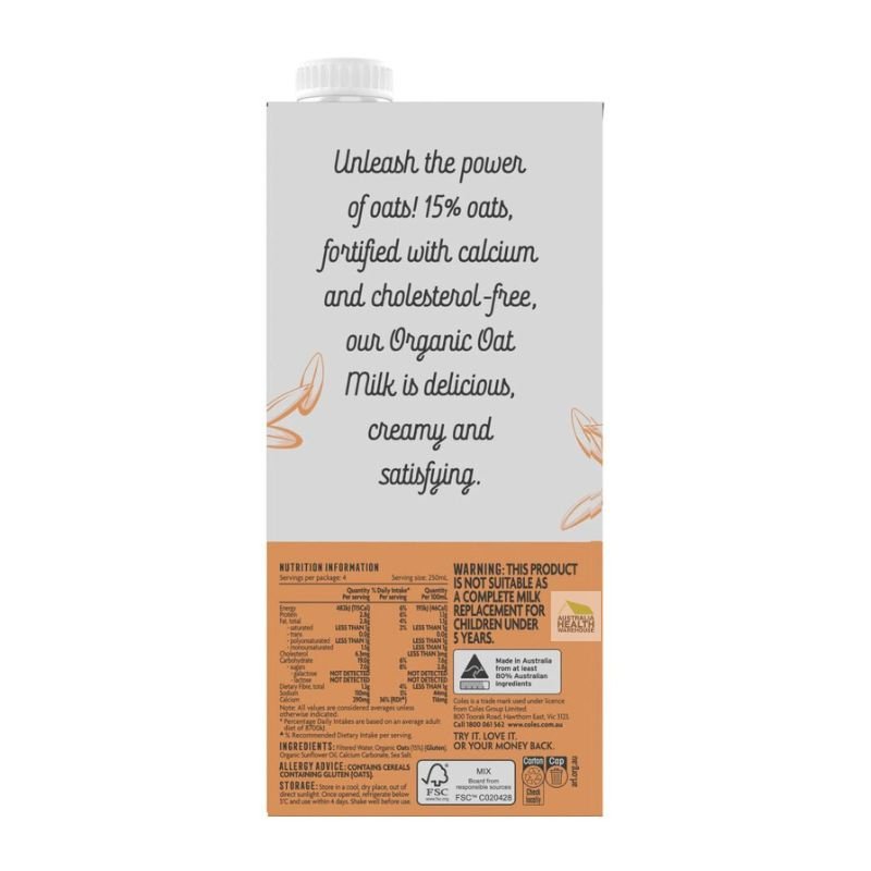Coles Organic Oat Milk Unsweetened 1 Litre