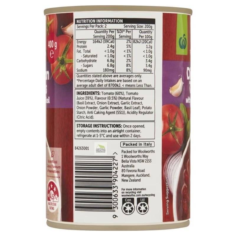 [Expiry: 31/08/2028] Woolworths Italian Tomatoes With Onion Garlic & Basil 400g