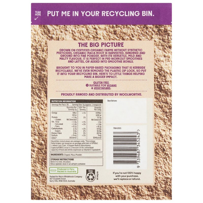 [Expiry Date: 11/02/2027] Woolworths Macro Organic Maca Powder 150g
