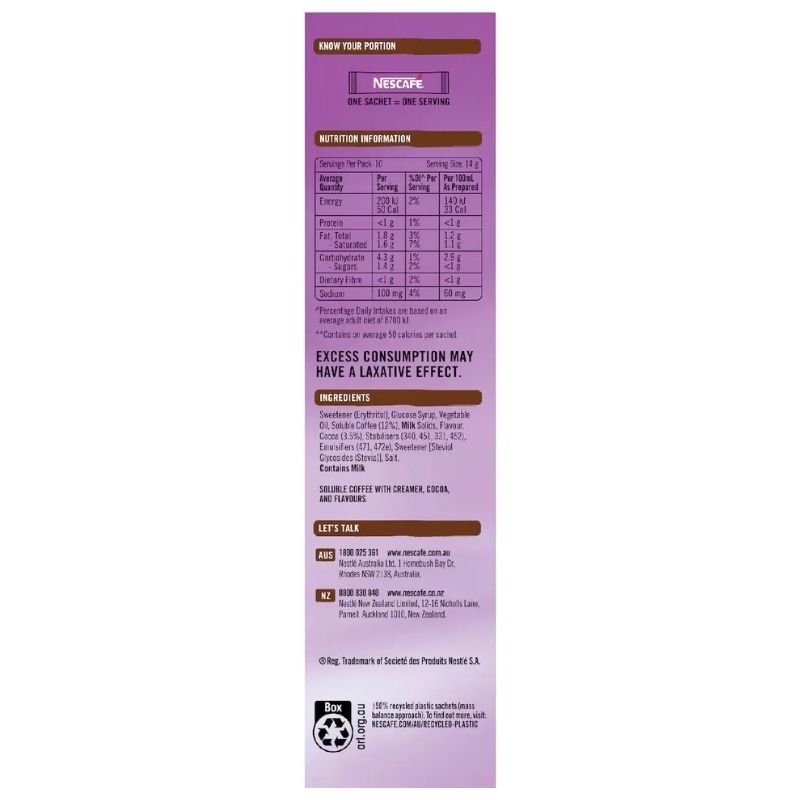 [Expiry Date: 03/2027] Nescafe 98% Sugar Free Mocha Coffee Sachets 10 Pack