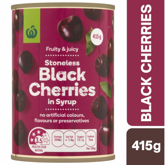 [Expiry Date: 10/07/2027] Woolworths Stoneless Black Cherries In Syrup 415g |Oz Mart