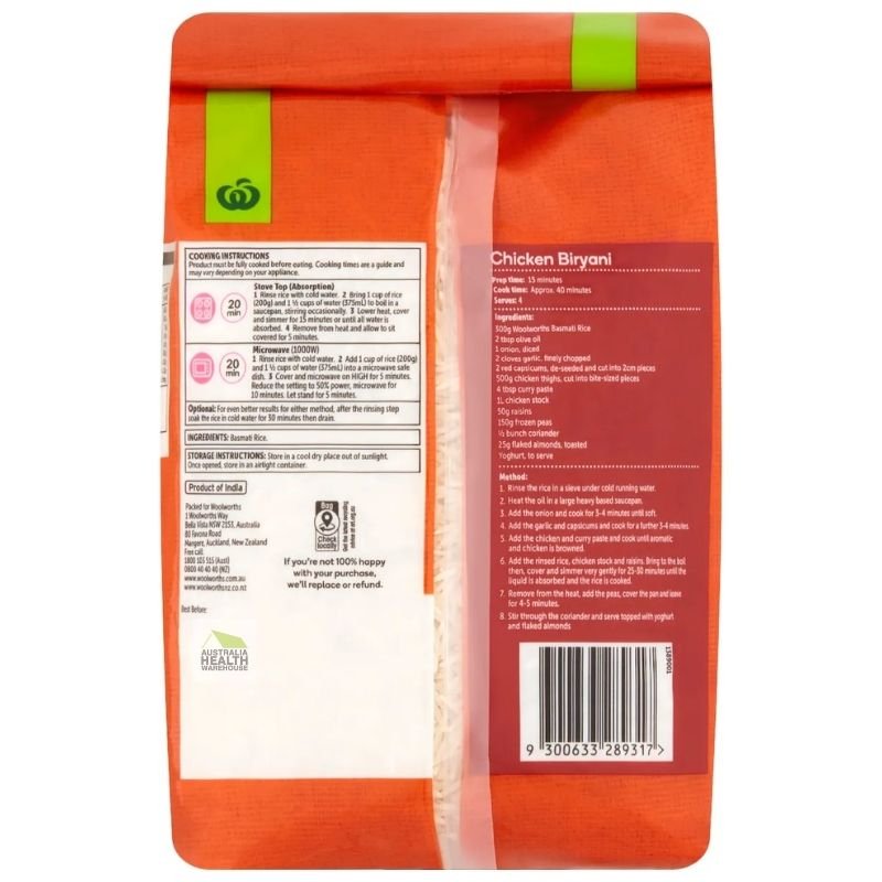 [Expiry Date: 06/2027] Woolworths Basmati Rice 2kg
