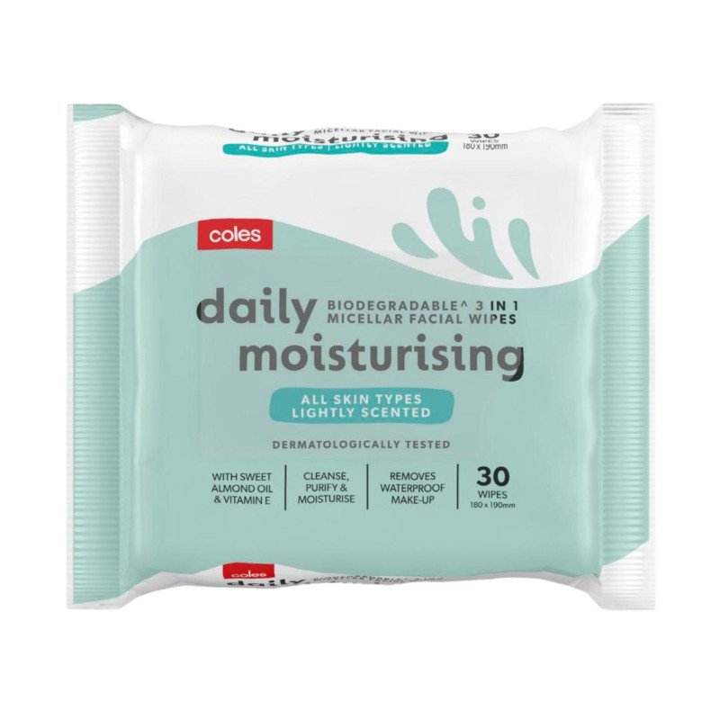 [Expiry Date: 08/06/2028] Coles Daily Biodegradable Moisturising 3-In-1 Facial Wipes 30 Pack