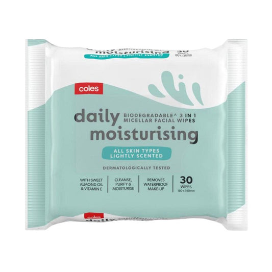 [Expiry Date: 08/06/2028] Coles Daily Biodegradable Moisturising 3-In-1 Facial Wipes 30 Pack