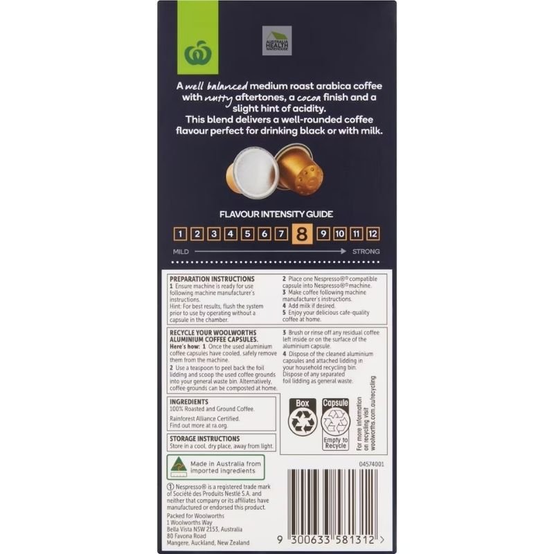 [CLEARANCE Expiry: 01/07/2026] Woolworths Nespresso Compatible Coffee Capsules Medium 10 Pack 56g