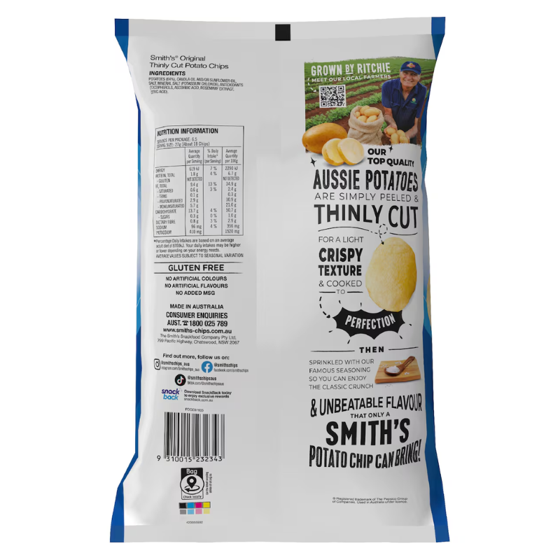 [CLEARANCE Expiry: 29/11/26] Smith's Thinly Cut Original Potato Chips 175g