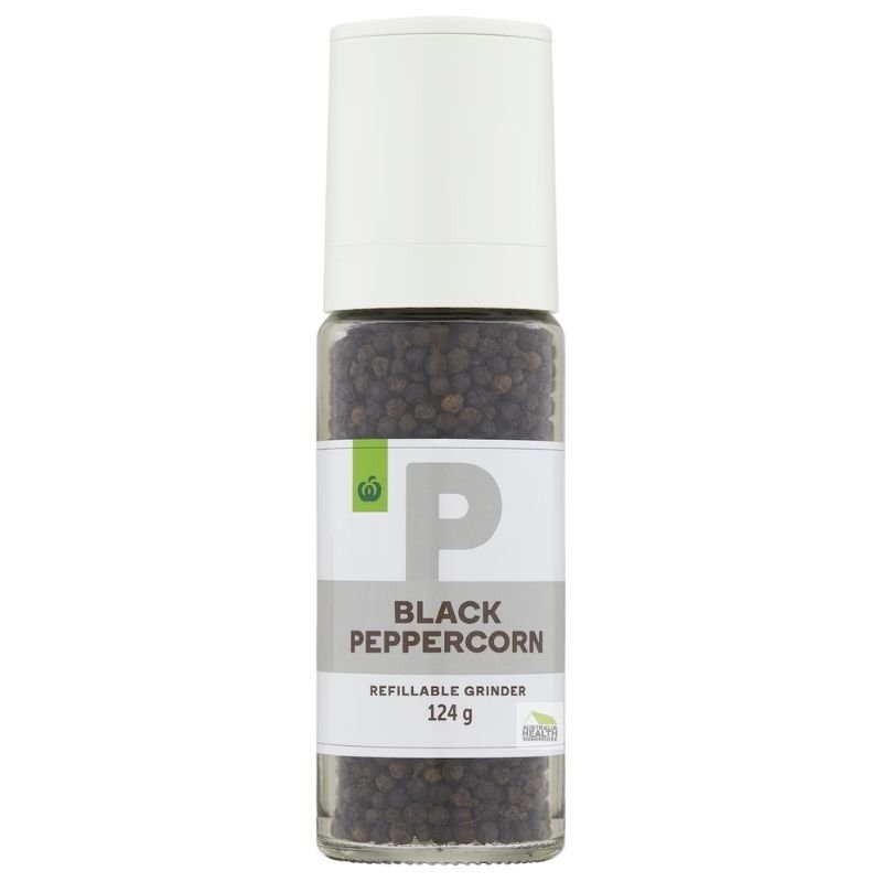 [Expiry Date: 20/04/2028] Woolworths Black Peppercorn Refillable Grinder 124g