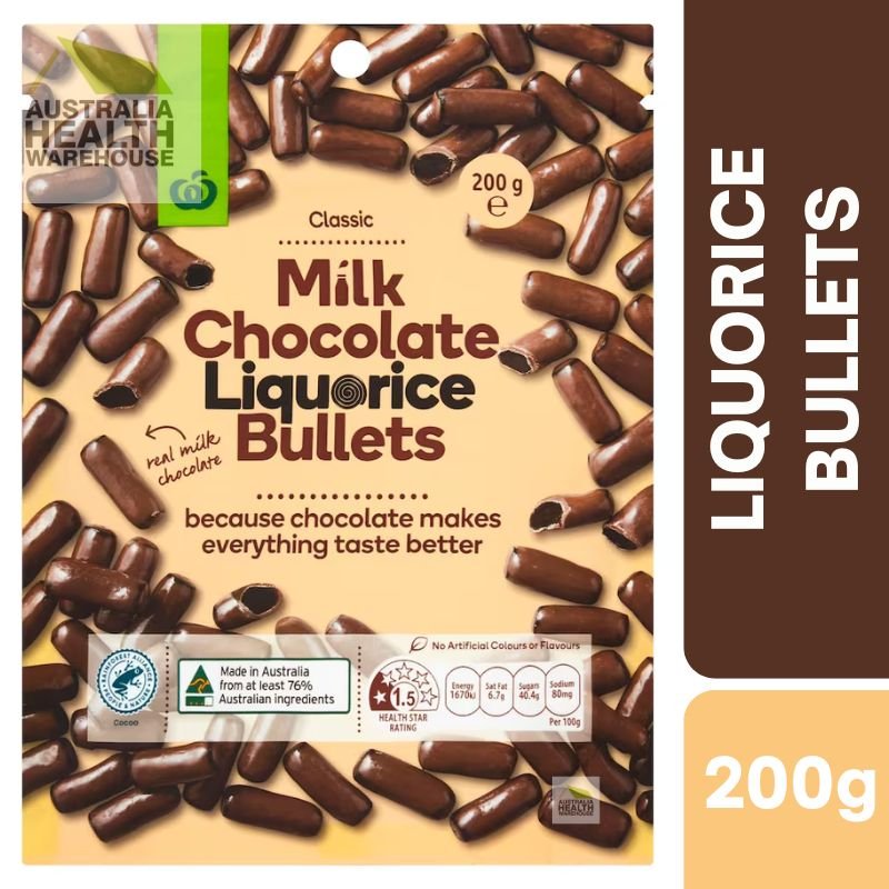 [Expiry Date: 09/02/2027] Woolworths Milk Chocolate Liquorice Bullets 200g