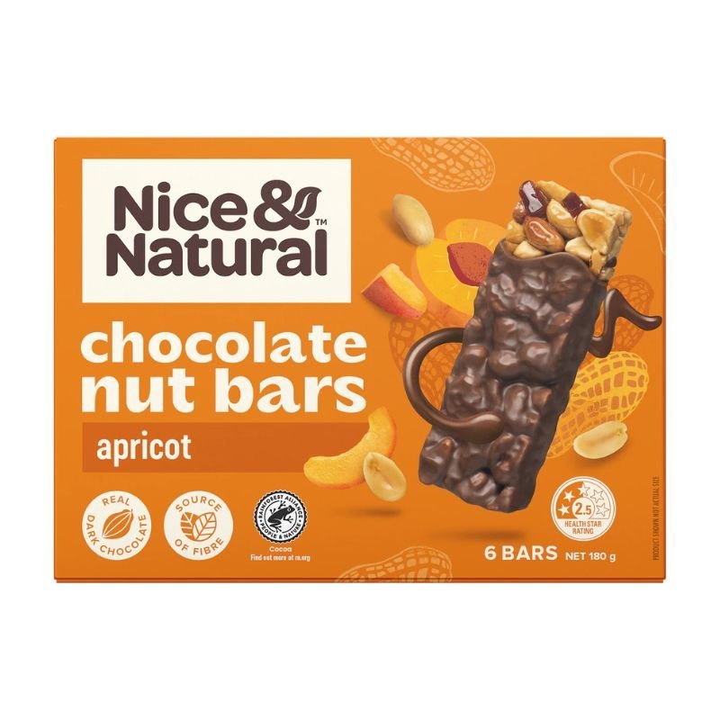 [CLEARANCE Expiry: 19/04/2025] Nice & Natural Chocolate Nut Bars Apricot 6 Bars 180g