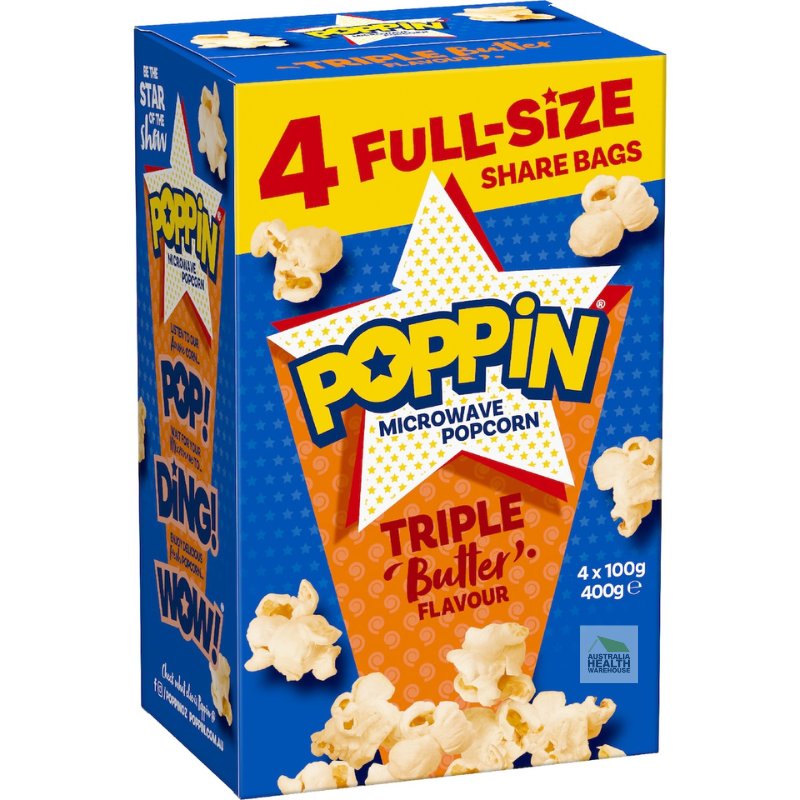 [Expiry: 01/10/2026] Poppin Microwave Popcorn Triple Butter Flavour 4 x 100g