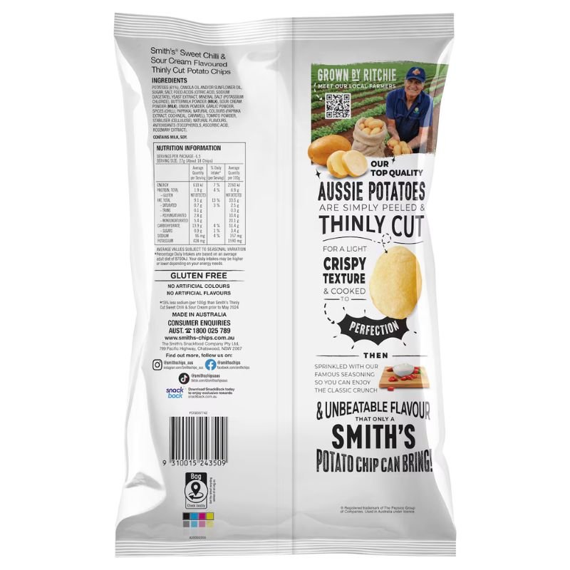 [CLEARANCE Expiry: 04/10/26] Smith's Thinly Cut Sweet Chilli & Sour Cream Potato Chips 175g