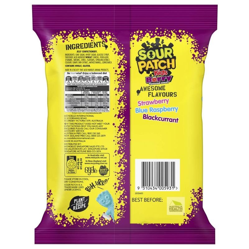 [CLEARANCE Expiry: 07/02/2025] Sour Patch Kids Berry Flavoured Lollies 190g