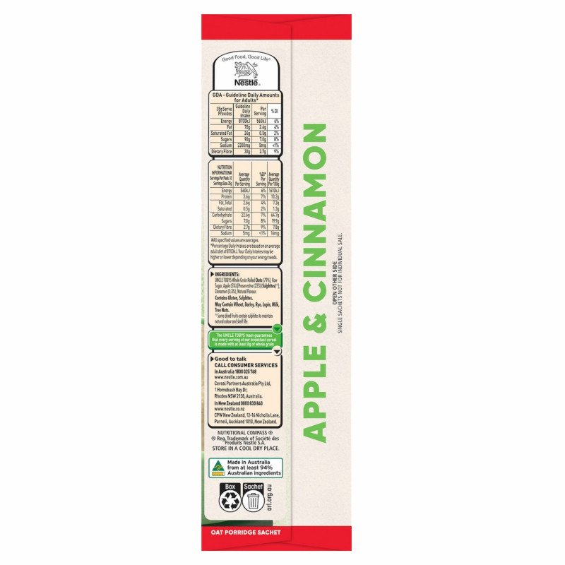 [Expiry Date: 09/01/2027] Uncle Tobys Oats Quick Sachets Apple & Cinnamon Porridge 10 Pack 350g