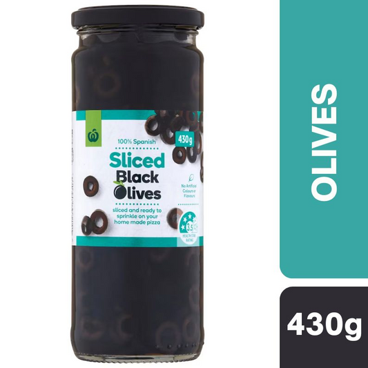 [Expiry: 11/07/2027] Woolworths Sliced Black Olives 430g