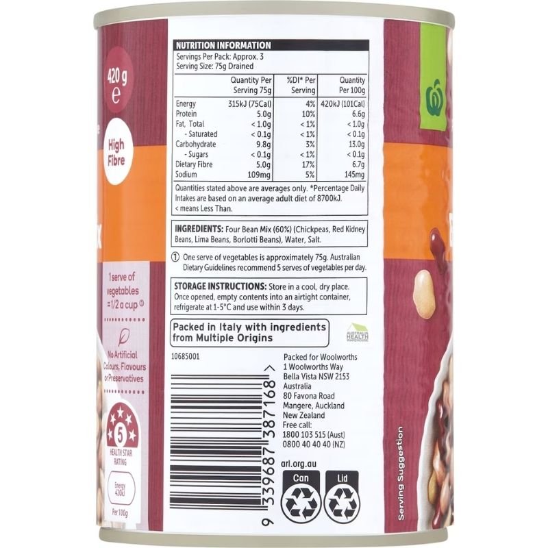 [Expiry Date: 17/06/2028] Woolworths Four Bean Mix 420g |Oz Mart