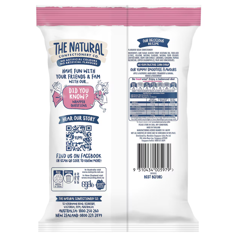 [Expiry Date:  16/04/2027] The Natural Confectionery Co. Smoothie Chews Lollies 180g