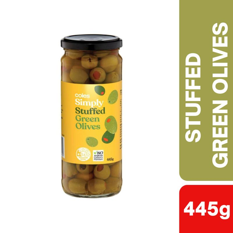 [Expiry: 26/05/2028] Coles Stuffed Green Olives 445g